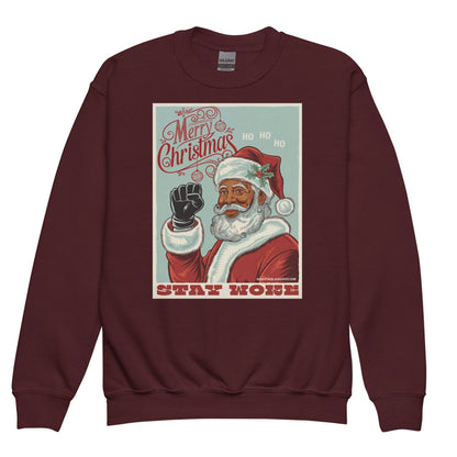 Maroon YOUTH Black Santa Stay Woke Crewneck Sweatshirt by TheBlackest Co., combining holiday cheer with cultural pride for youth winter apparel.