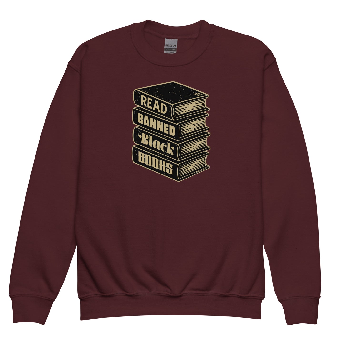 Maroon YOUTH Read Banned Black Books Crewneck Sweatshirt by TheBlackest Co., perfect for school or winter wear with educational message.