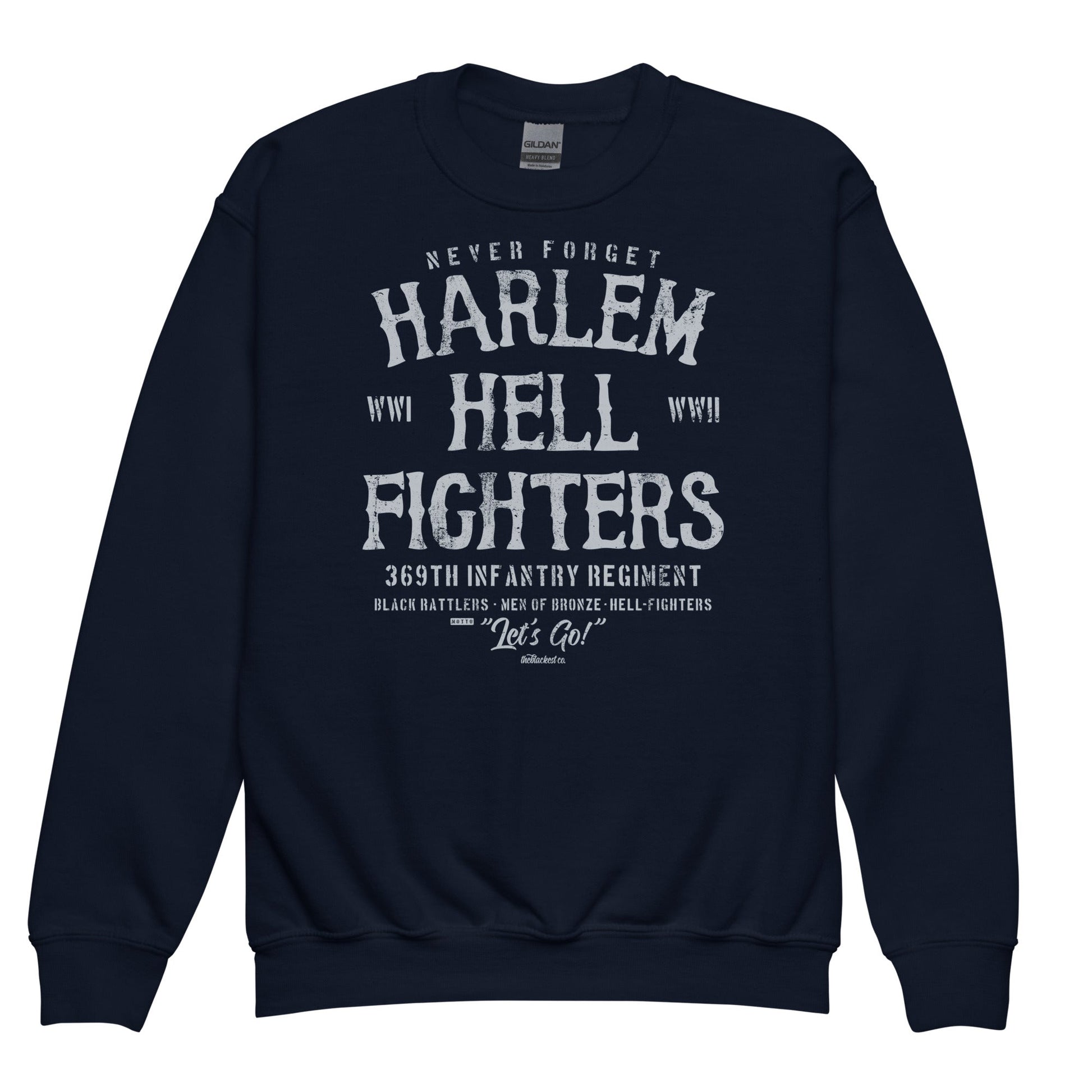 Navy blue youth crewneck sweatshirt with 'Harlem Hellfighters' text design in white, celebrating the 369th Infantry Regiment. Soft and durable.