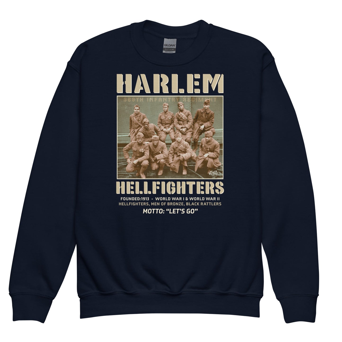 Navy blue Harlem Hellfighters youth crewneck sweatshirt with vintage soldier print. Warm fleece material, designed for comfort and historical appreciation.