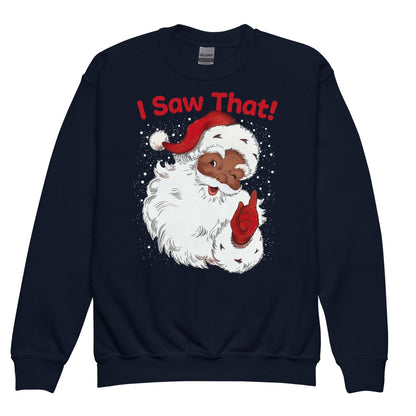 Navy YOUTH Black Santa I Saw That Crewneck Sweatshirt by TheBlackest Co., festive kids fleece with fun holiday design and vibrant red text.