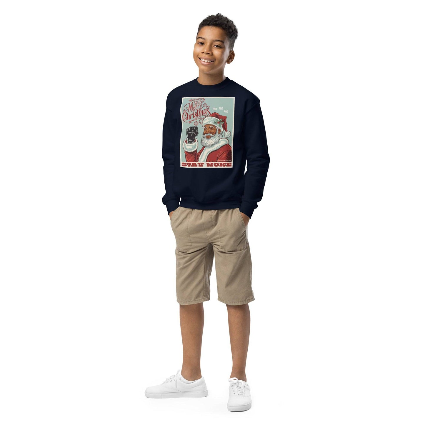 Boy modeling navy YOUTH Black Santa Stay Woke Crewneck Sweatshirt by TheBlackest Co., ideal for cozy youth Christmas clothing and winter wear.