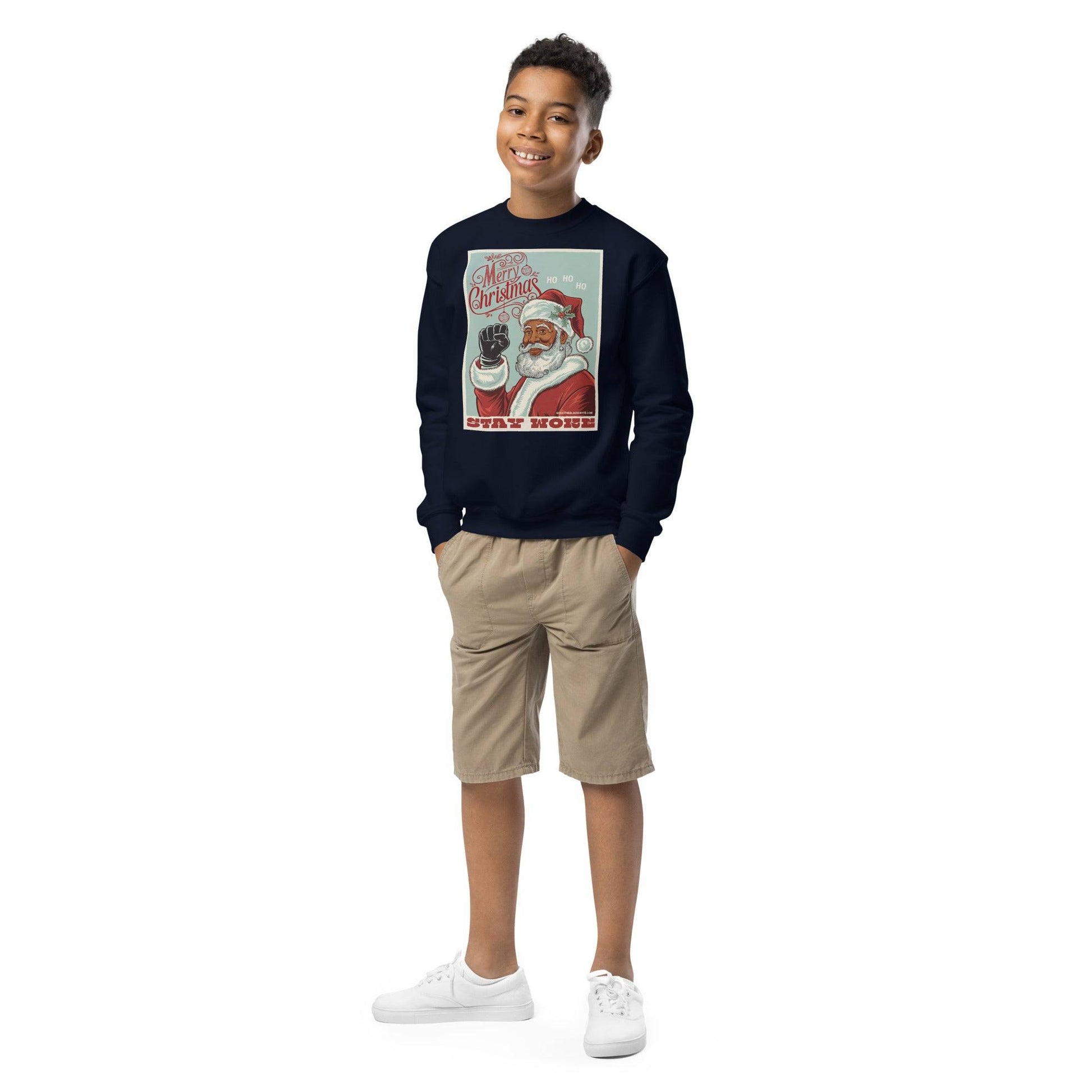 Boy modeling navy YOUTH Black Santa Stay Woke Crewneck Sweatshirt by TheBlackest Co., ideal for cozy youth Christmas clothing and winter wear.