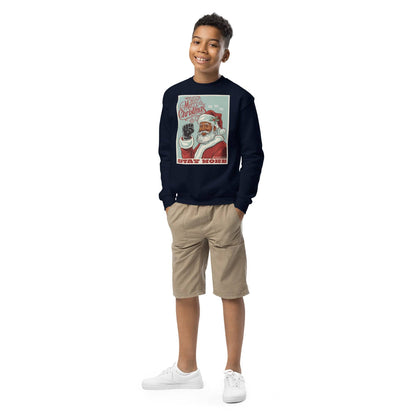 Boy modeling navy YOUTH Black Santa Stay Woke Crewneck Sweatshirt by TheBlackest Co., ideal for cozy youth Christmas clothing and winter wear.