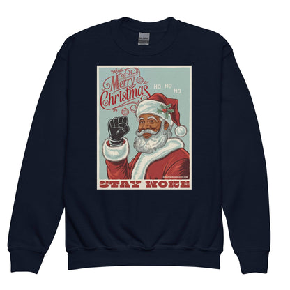 Navy YOUTH Black Santa Stay Woke Crewneck Sweatshirt by TheBlackest Co. featuring a proud Black Santa graphic and 'Stay Woke' slogan for kids.
