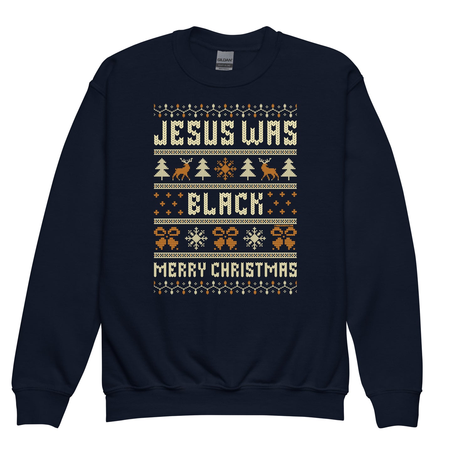 Navy blue Youth Jesus Was Black Merry Christmas crewneck sweatshirt with festive print, perfect for warm and meaningful kids holiday outfits.