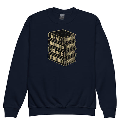 Navy YOUTH Read Banned Black Books Crewneck Sweatshirt by TheBlackest Co. with bold book stack design supporting banned Black literature.