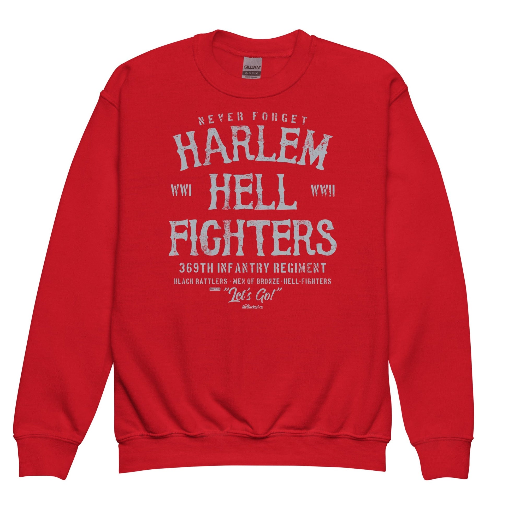 Red youth crewneck sweatshirt with 'Harlem Hellfighters' white text design, combining bold color with a tribute to the 369th Infantry Regiment.