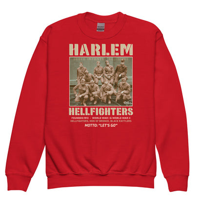 Red Harlem Hellfighters youth crewneck sweatshirt with bold historical design. Comfortable fleece fabric, ideal for kids celebrating Black history and heritage.