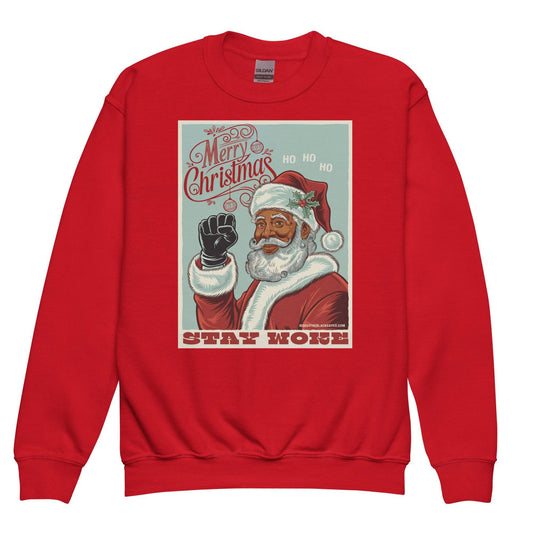 Red YOUTH Black Santa Stay Woke Crewneck Sweatshirt by TheBlackest Co. featuring a festive Black Santa with raised fist and 'Stay Woke' text.