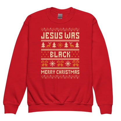 Bright red Youth Jesus Was Black Merry Christmas crewneck sweatshirt with bold holiday design, great for seasonal kids apparel and gifts.