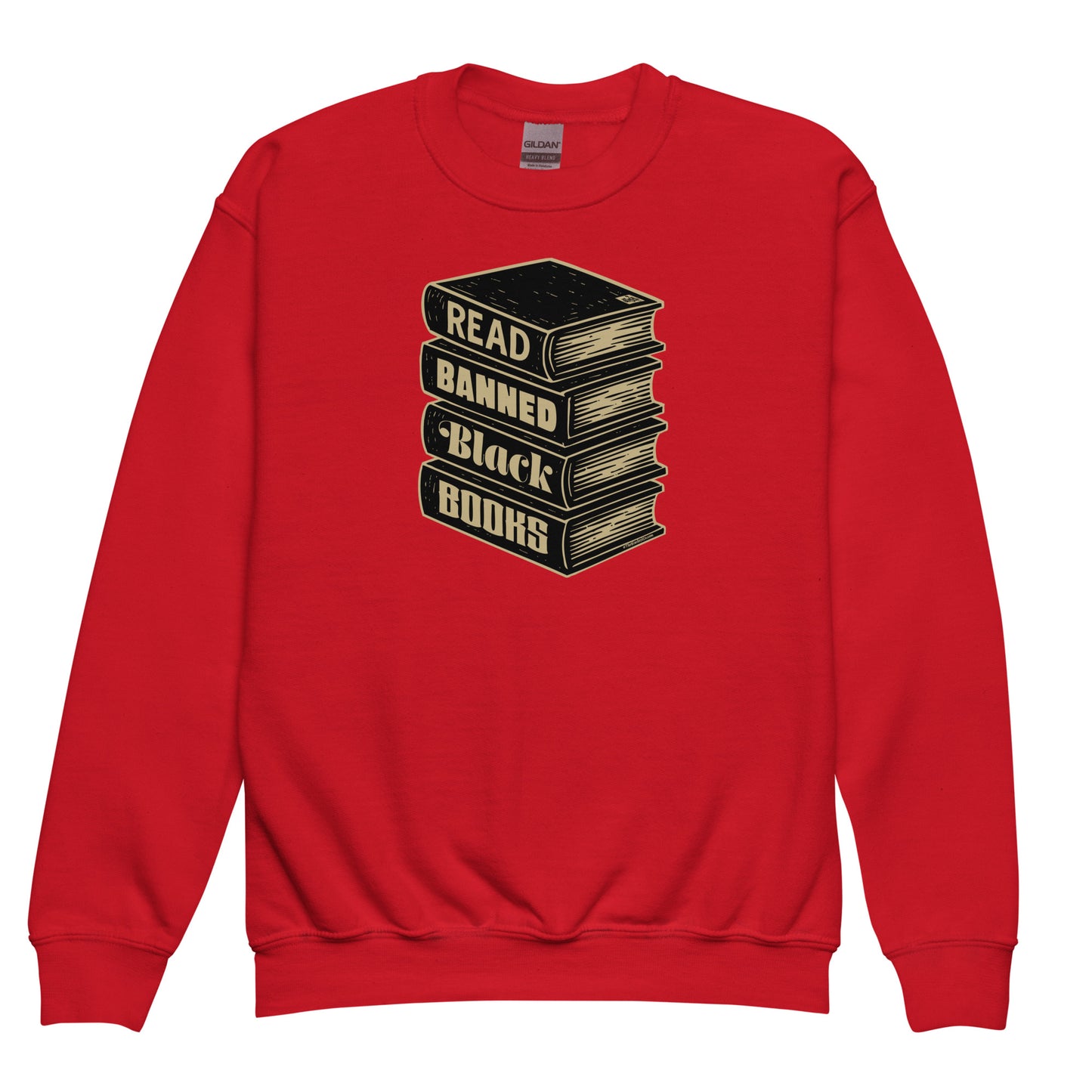 Red YOUTH Read Banned Black Books Crewneck Sweatshirt by TheBlackest Co. featuring vintage-style book stack graphic for young readers.