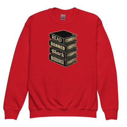 Red YOUTH Read Banned Black Books Crewneck Sweatshirt by TheBlackest Co. featuring vintage-style book stack graphic for young readers.