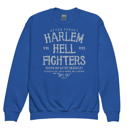 Royal blue youth crewneck sweatshirt with 'Harlem Hellfighters' white text design, blending vibrant color with historical significance.