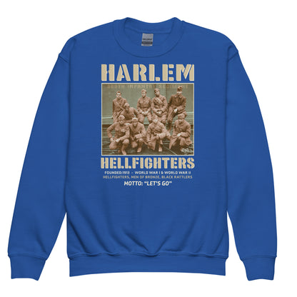 Royal blue Harlem Hellfighters youth crewneck sweatshirt with historical soldier design. Soft fleece material, great for kids and juniors in cold weather.