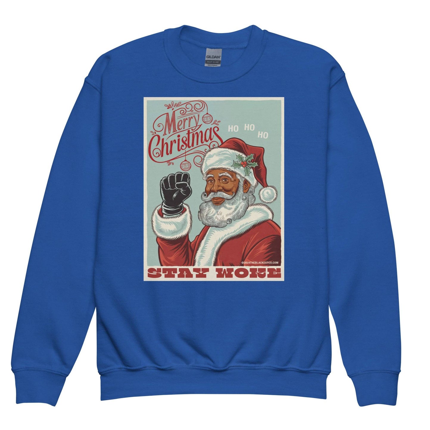 Royal blue YOUTH Black Santa Stay Woke Crewneck Sweatshirt by TheBlackest Co., festive and meaningful kids holiday clothing gift.