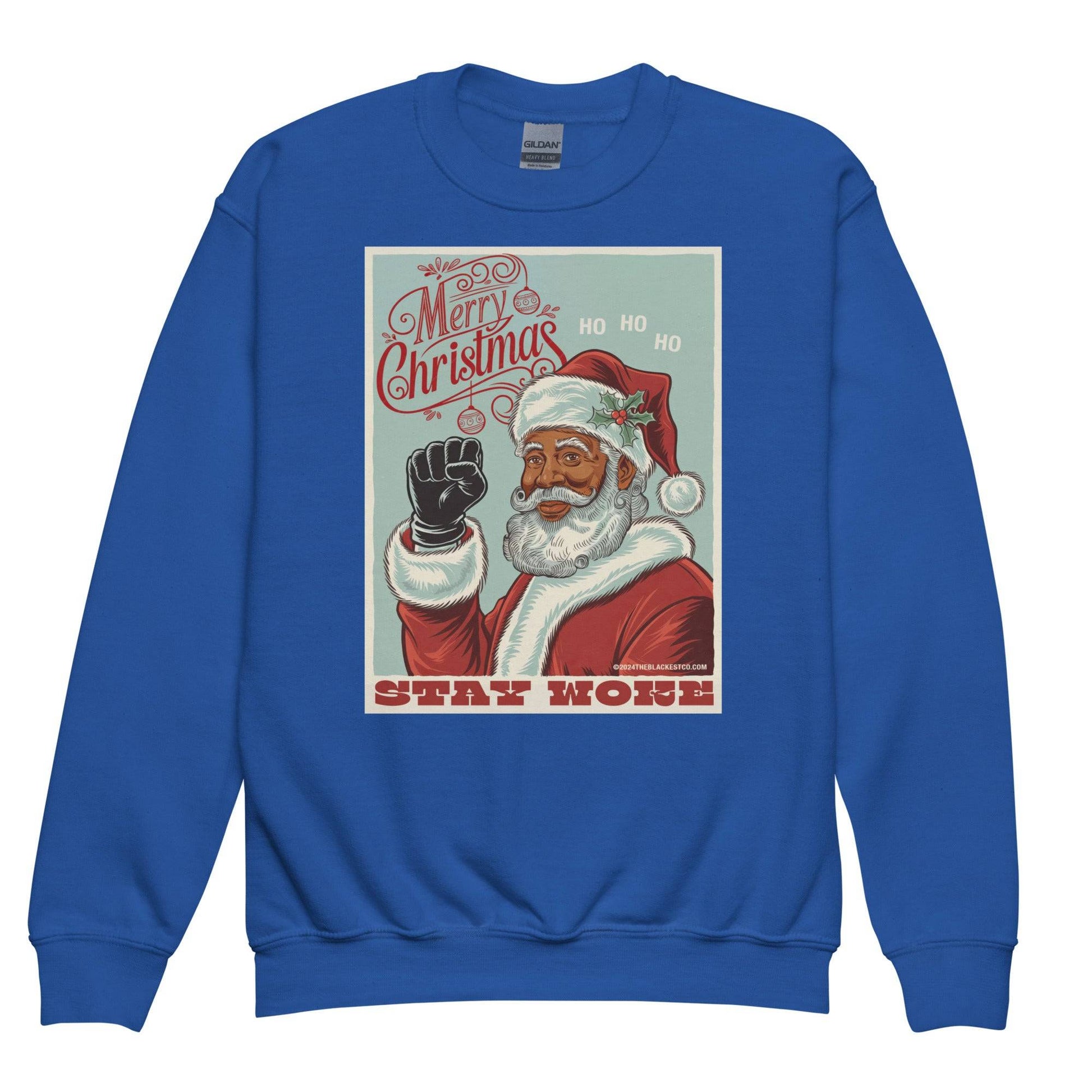 Royal blue YOUTH Black Santa Stay Woke Crewneck Sweatshirt by TheBlackest Co., festive and meaningful kids holiday clothing gift.