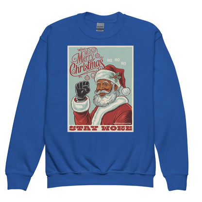 Royal blue YOUTH Black Santa Stay Woke Crewneck Sweatshirt by TheBlackest Co., festive and meaningful kids holiday clothing gift.