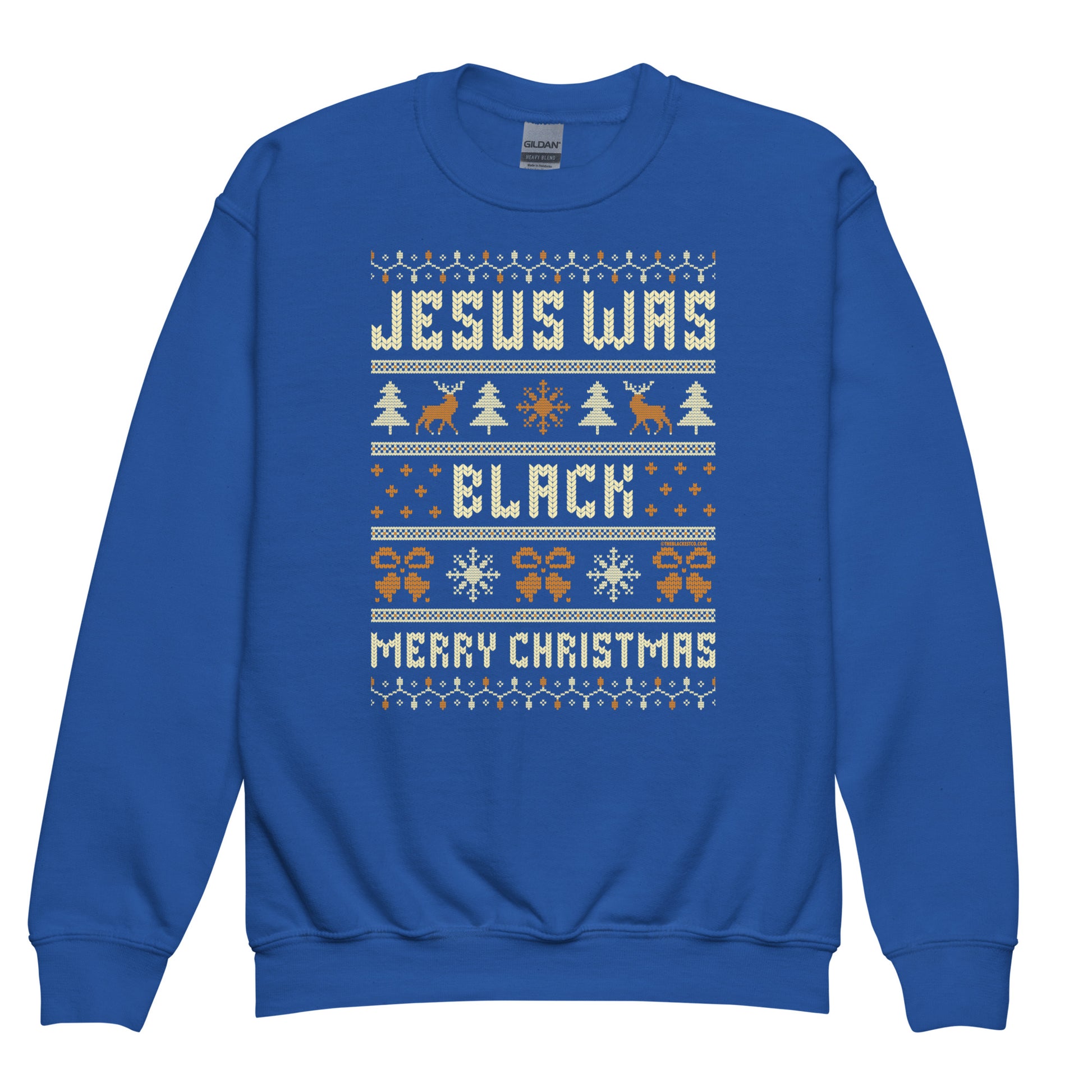 Royal blue Youth Jesus Was Black Merry Christmas crewneck sweatshirt with festive graphics, perfect for kids' holiday celebrations and warmth.