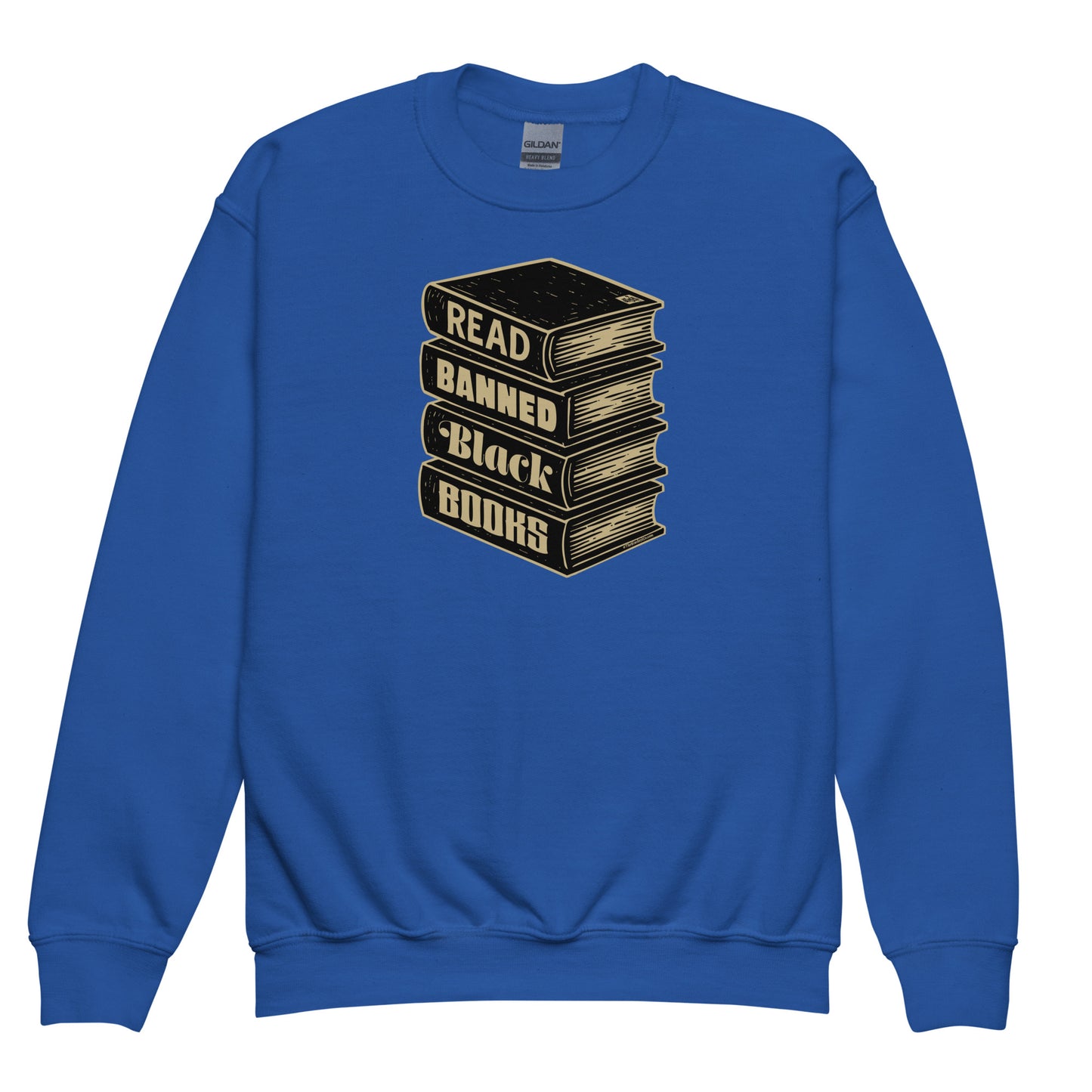 Royal blue YOUTH Read Banned Black Books Crewneck Sweatshirt by TheBlackest Co., educational cold-weather wear for kids supporting Black authors.
