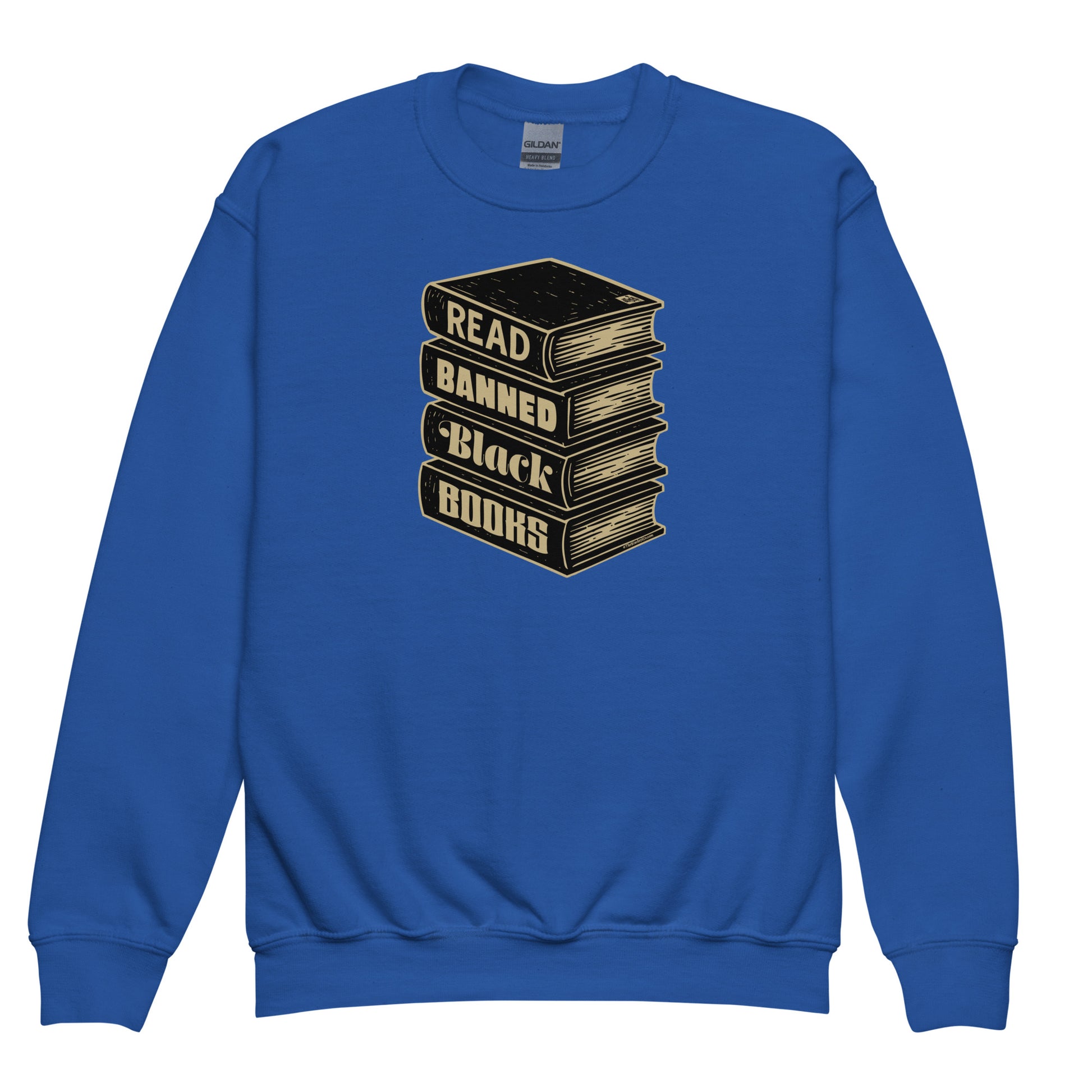 Royal blue YOUTH Read Banned Black Books Crewneck Sweatshirt by TheBlackest Co., educational cold-weather wear for kids supporting Black authors.