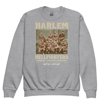 Light gray Harlem Hellfighters youth sweatshirt featuring vintage soldier photo. Comfortable and stylish pullover, ideal for kids honoring Black history.