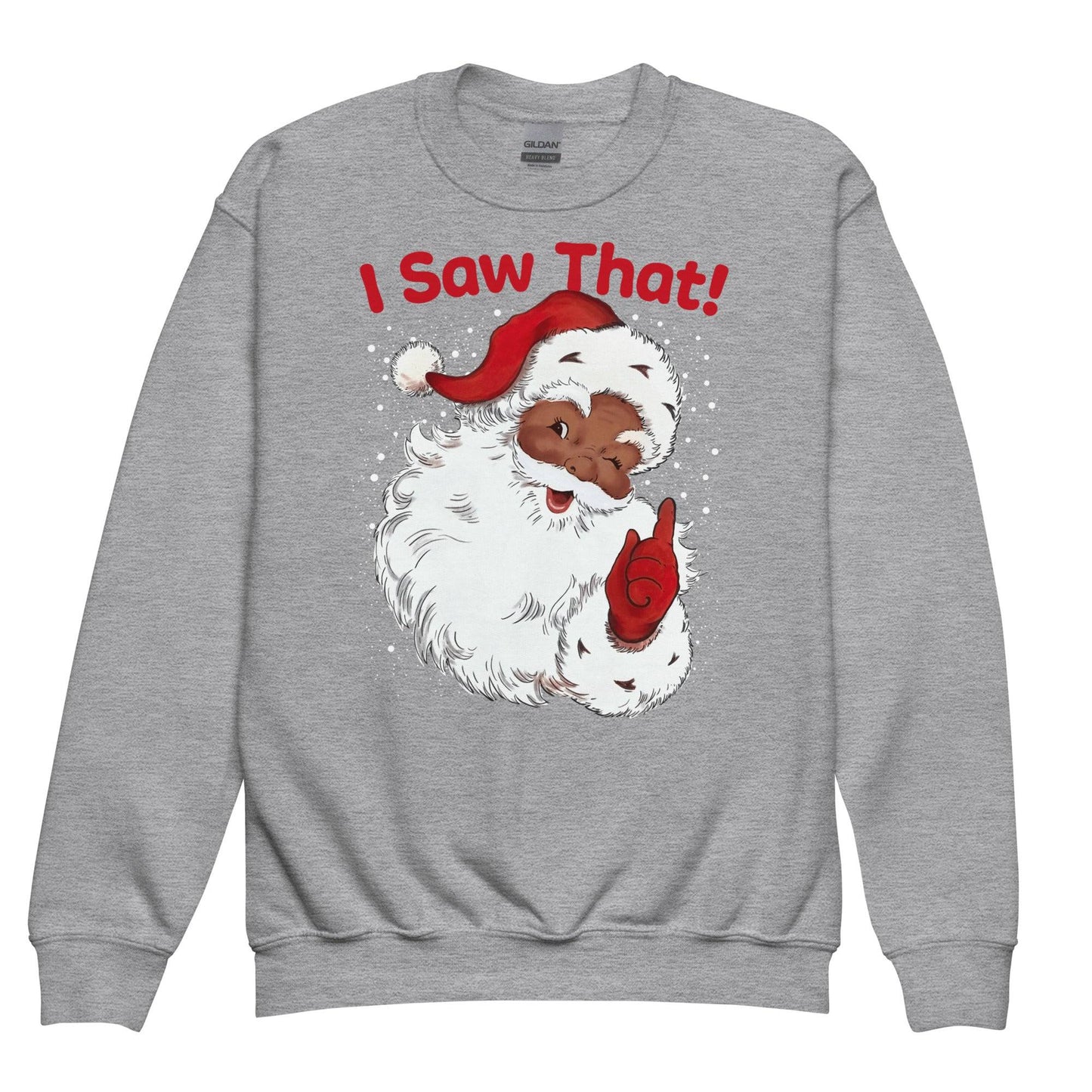 YOUTH Black Santa I Saw That Crewneck Sweatshirt by TheBlackest Co. in sport grey with a smiling Black Santa and red text, perfect for holiday kids apparel.