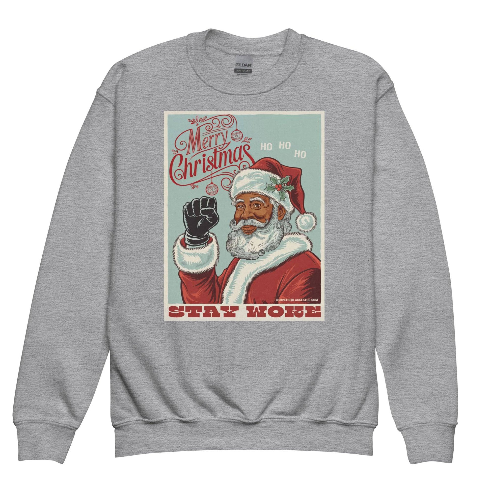 Sport grey YOUTH Black Santa Stay Woke Crewneck Sweatshirt by TheBlackest Co., warm and stylish youth Christmas apparel with cultural message.