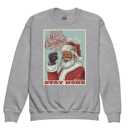 Sport grey YOUTH Black Santa Stay Woke Crewneck Sweatshirt by TheBlackest Co., warm and stylish youth Christmas apparel with cultural message.