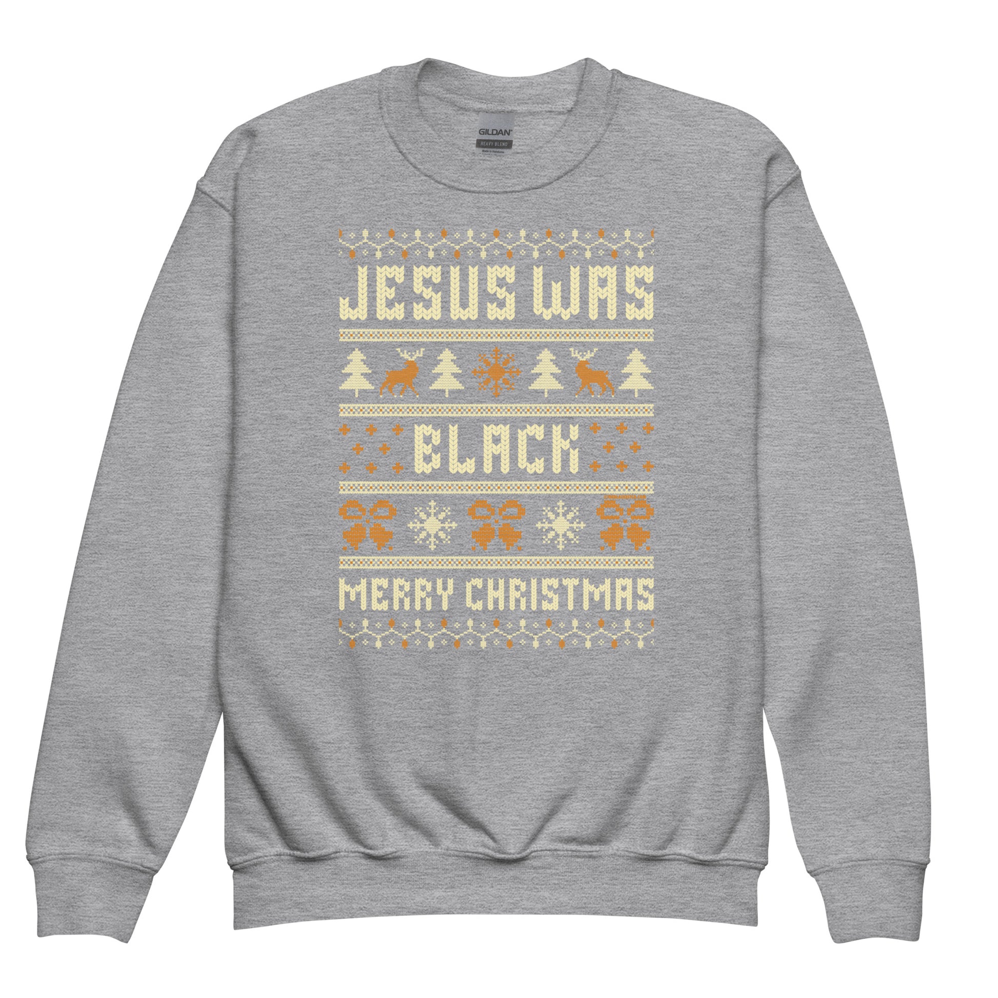 Light gray Youth Jesus Was Black Merry Christmas crewneck sweatshirt with colorful holiday design, ideal for kids' seasonal and winter outfits.