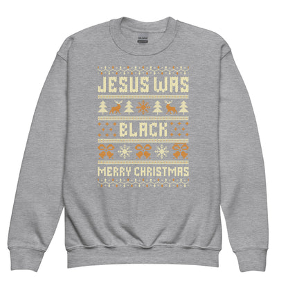 Light gray Youth Jesus Was Black Merry Christmas crewneck sweatshirt with colorful holiday design, ideal for kids' seasonal and winter outfits.