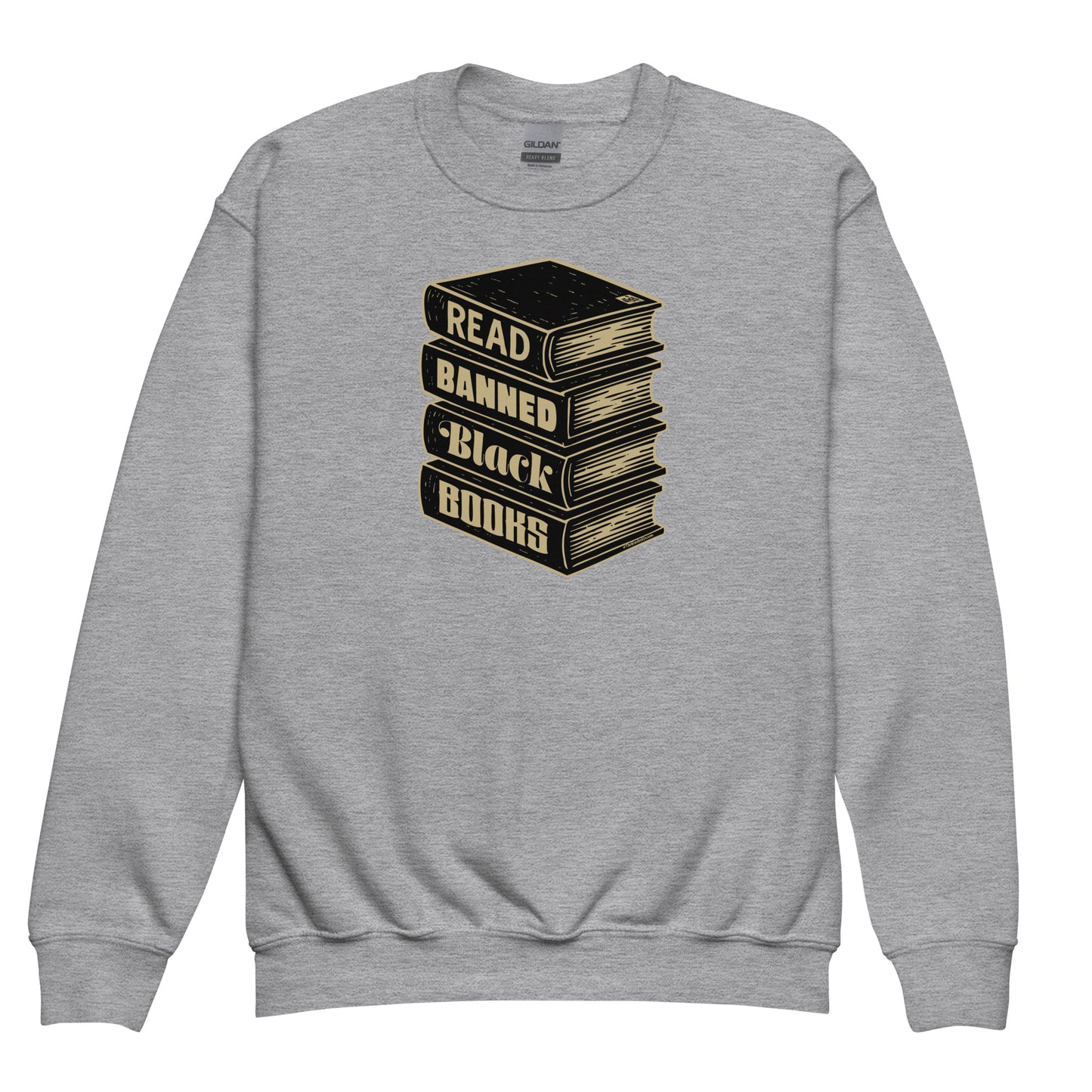 Heather gray YOUTH Read Banned Black Books Crewneck Sweatshirt by TheBlackest Co., stylish and meaningful top for classroom or casual wear.