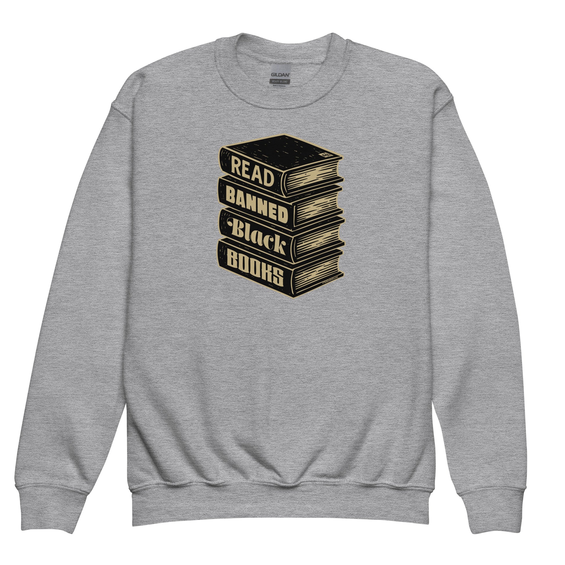 Heather gray YOUTH Read Banned Black Books Crewneck Sweatshirt by TheBlackest Co., stylish and meaningful top for classroom or casual wear.