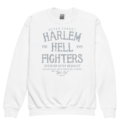 White youth crewneck sweatshirt featuring 'Harlem Hellfighters' light gray text design, honoring the 369th Infantry Regiment in a clean, classic style.