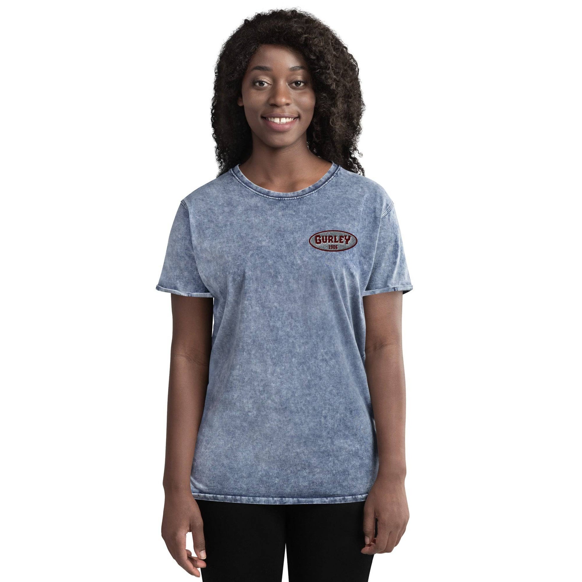 Blue O. W. Gurley Embroidery Denim T-Shirt on model