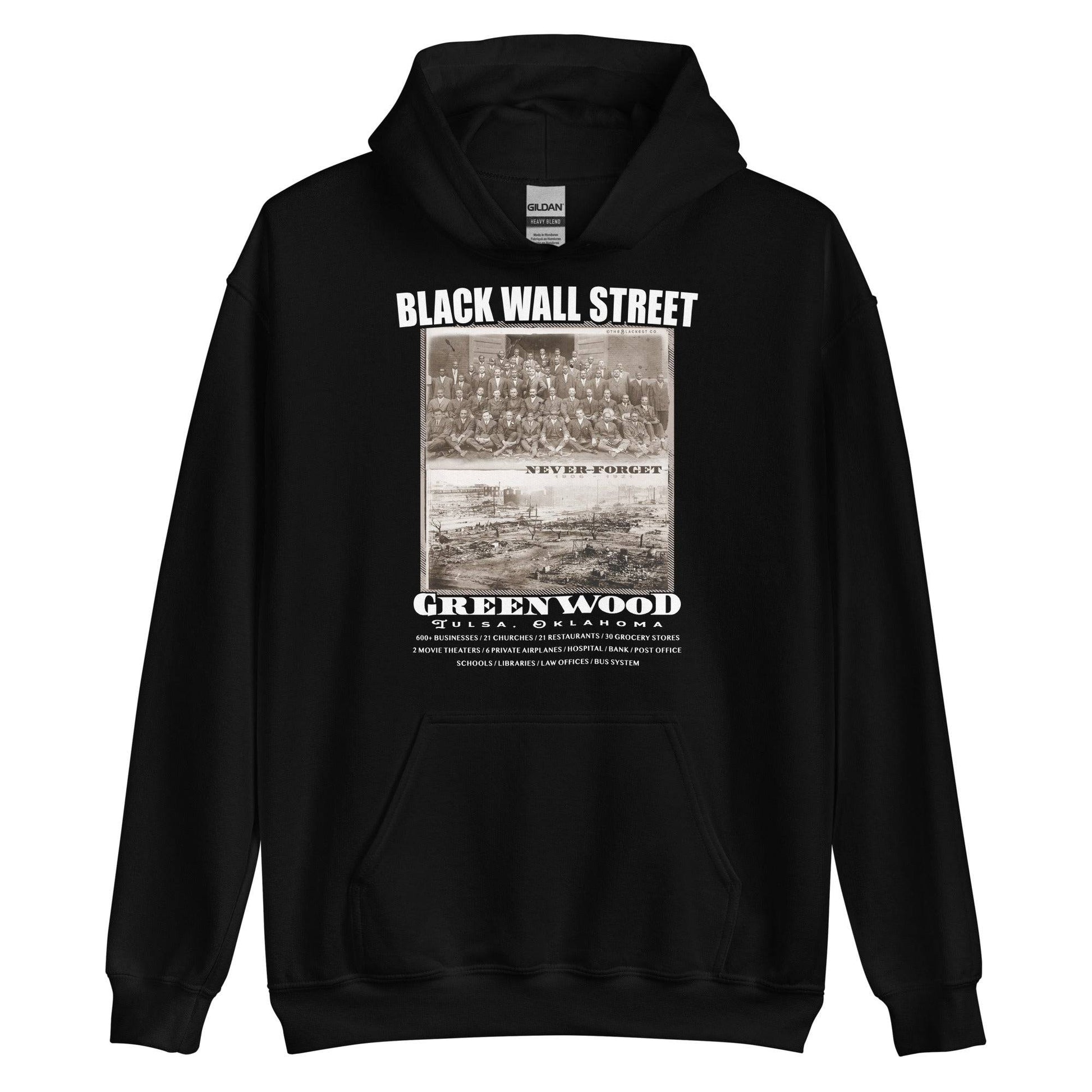 black pullover hoodie with writing that says Black Wall Street and Greenwood