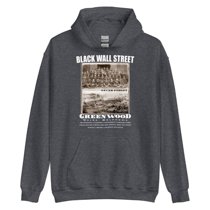 dark grey pullover hoodie with writing that says Black Wall Street and Greenwood