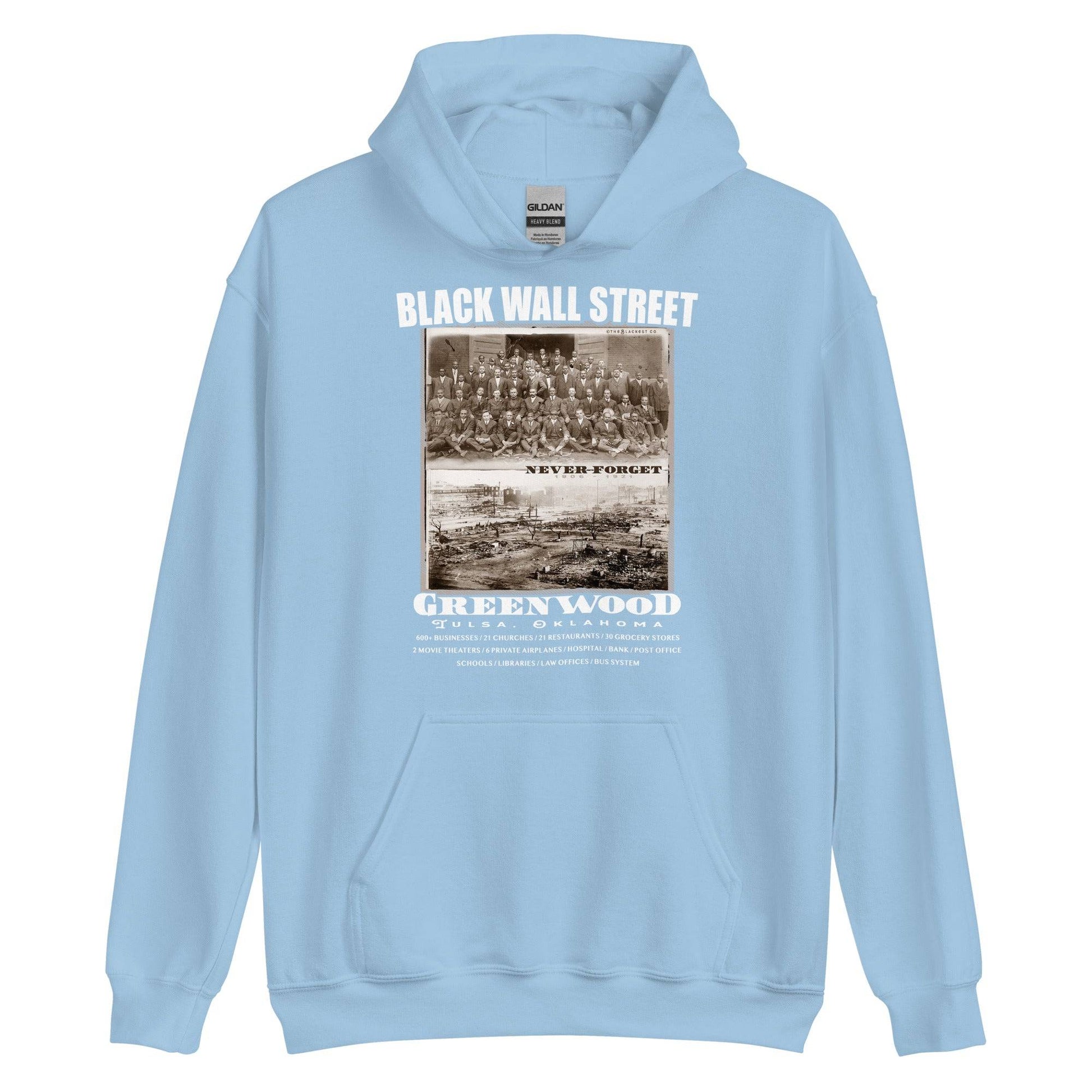 light blue pullover hoodie with writing that says Black Wall Street and Greenwood