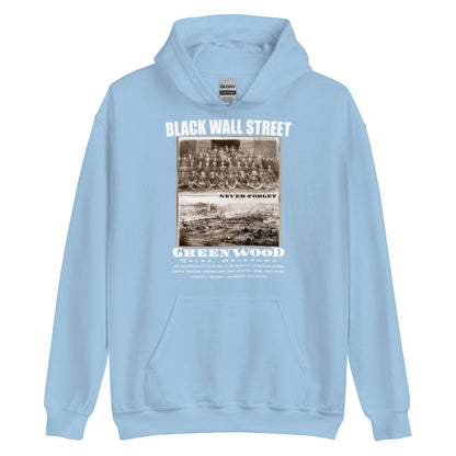 light blue pullover hoodie with writing that says Black Wall Street and Greenwood