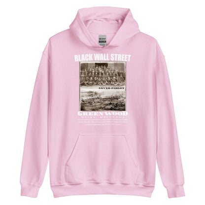 pink pullover hoodie with writing that says Black Wall Street and Greenwood