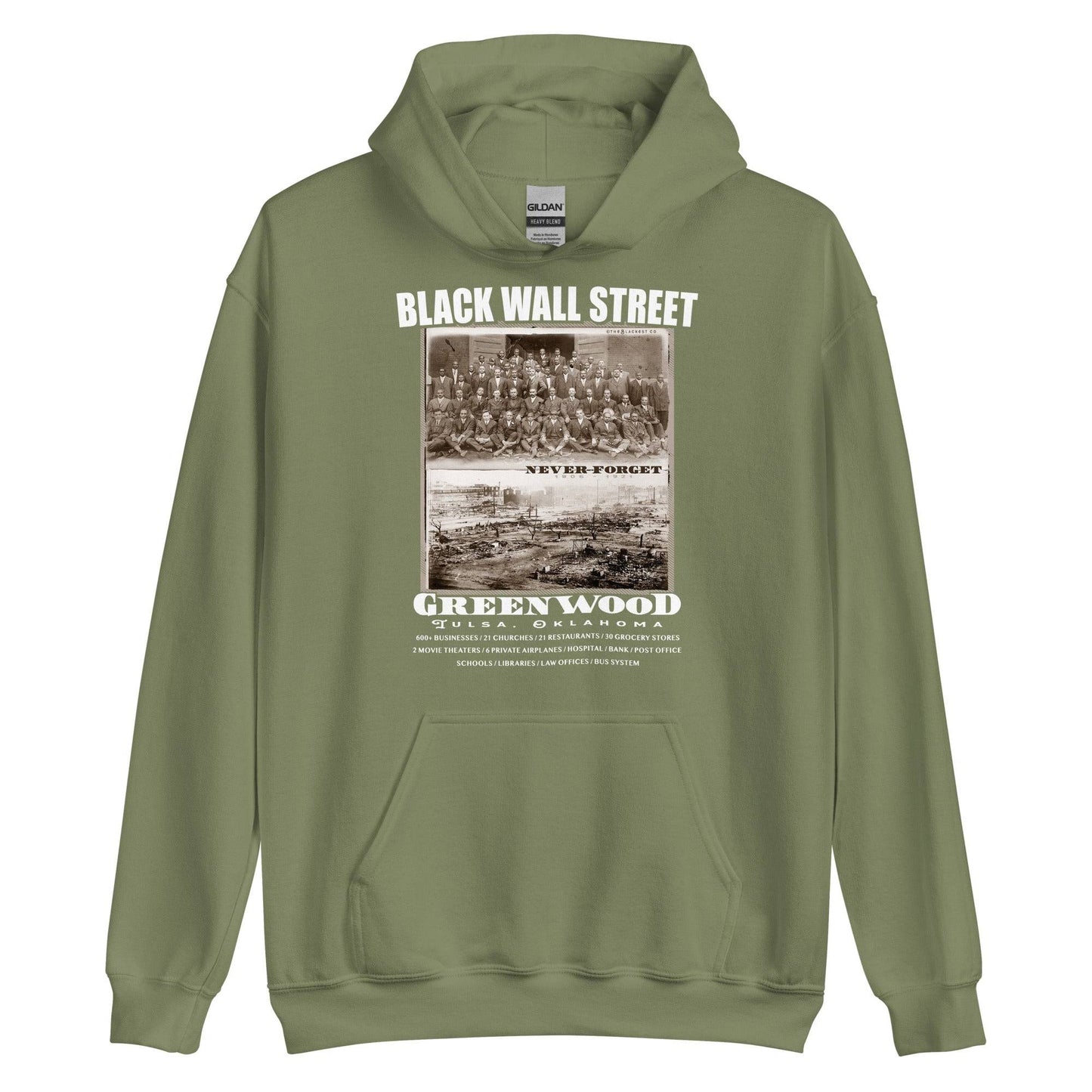 army green pullover hoodie with writing that says Black Wall Street and Greenwood