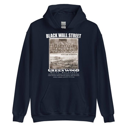navy pullover hoodie with writing that says Black Wall Street and Greenwood