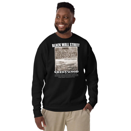 man in a black premium sweatshirt with writing that says Black Wall Street and Greenwood
