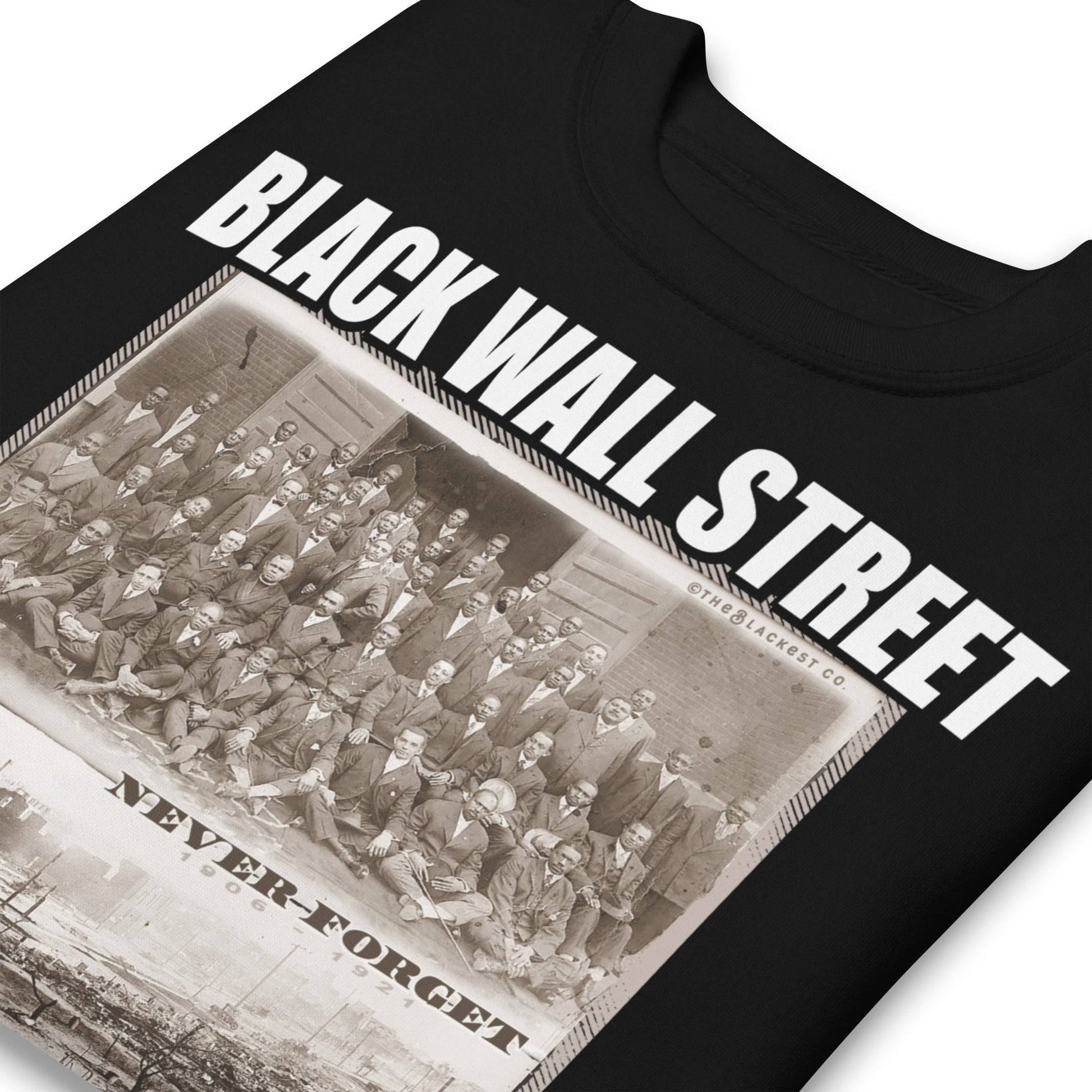 folded black premium sweatshirt with writing that says Black Wall Street and Greenwood