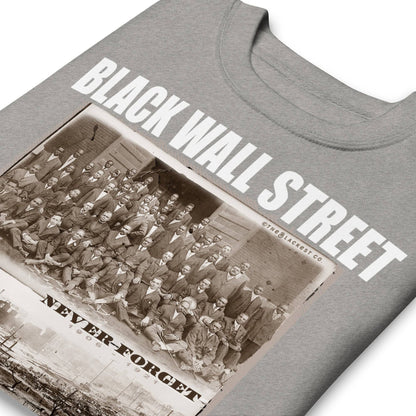 folded athletic grey premium sweatshirt with writing that says Black Wall Street and Greenwood