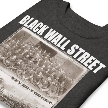 folded dark grey premium sweatshirt with writing that says Black Wall Street and Greenwood