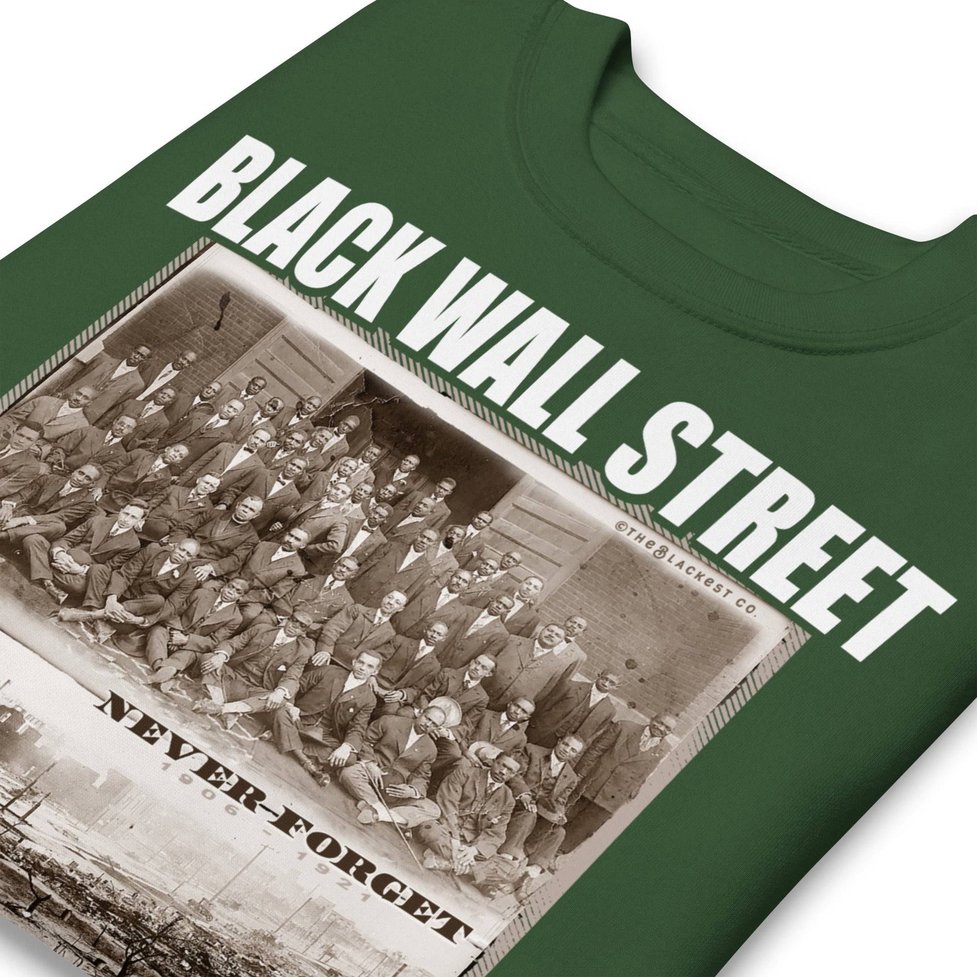 folded kelly green premium sweatshirt with writing that says Black Wall Street and Greenwood