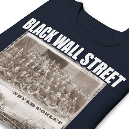 folded navy premium sweatshirt with writing that says Black Wall Street and Greenwood