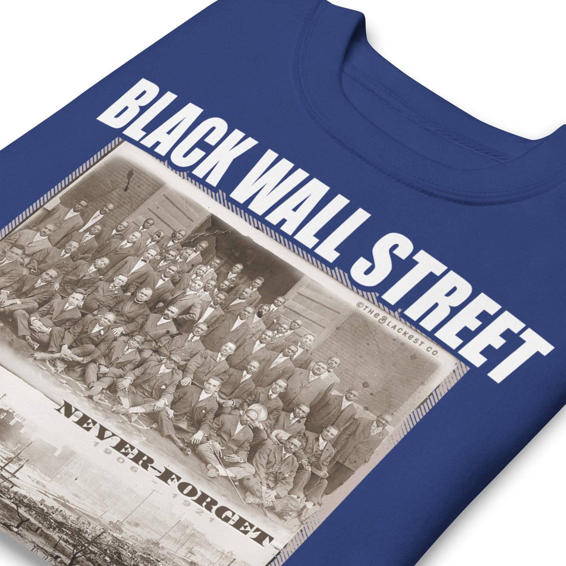 folded royal navy premium sweatshirt with writing that says Black Wall Street and Greenwood