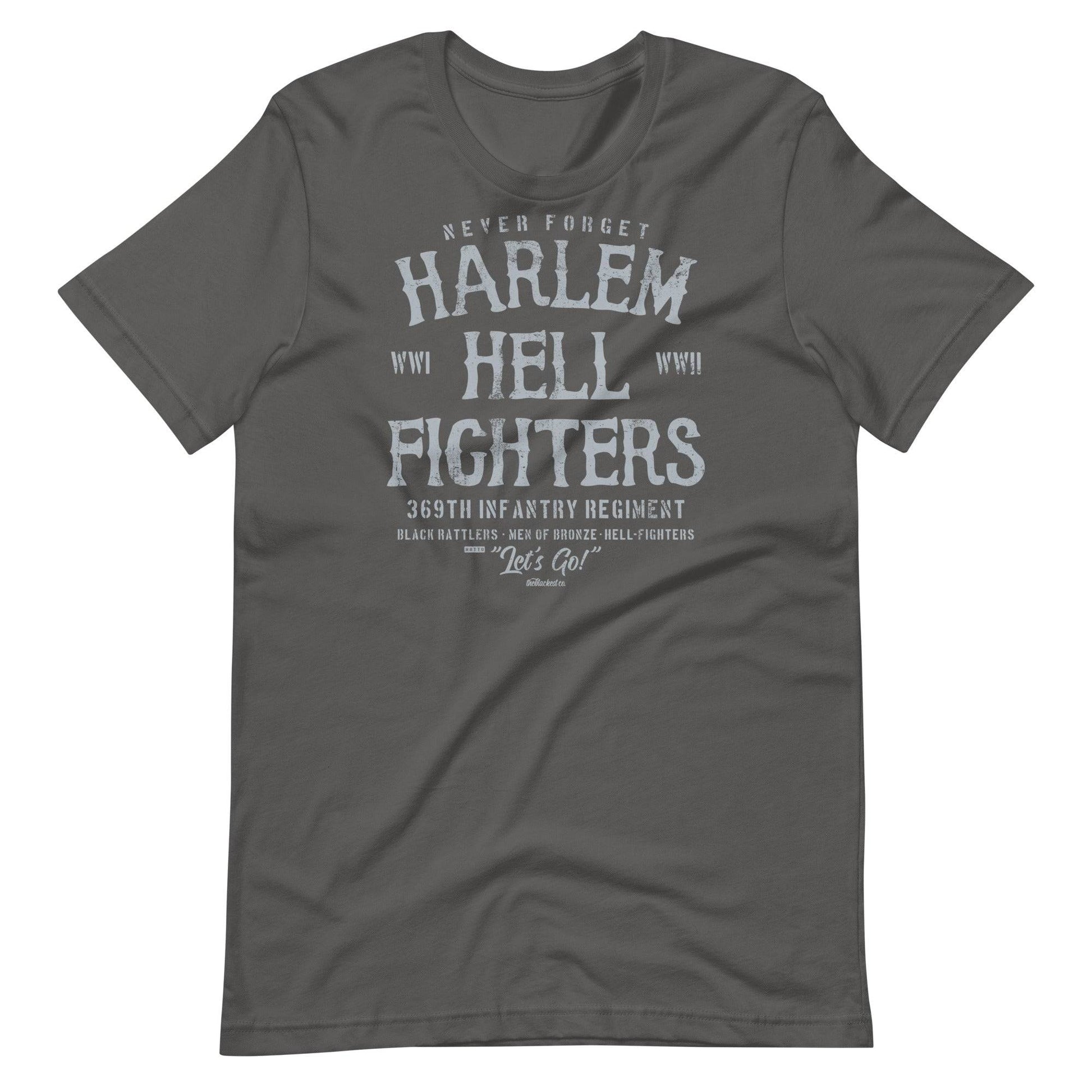 dark grey t shirt with white text that reads harlem hellfighters wwi and wwii